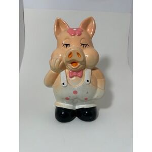 Vintage Ceramic Piggy Bank Anthropomorphic Pig in Overalls Pink Bow Tie Flower